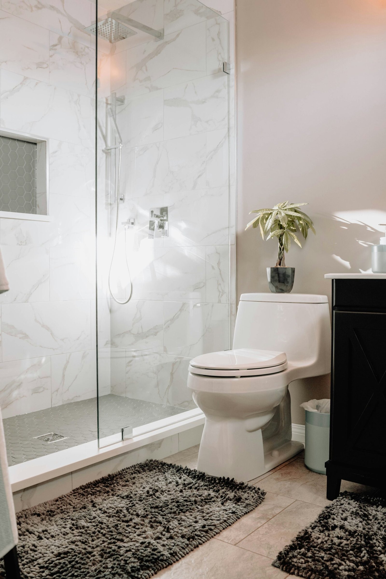 une salle de bains design a Canne constituée d'une douche avec panneaux en marbre un mitigeur intégrés un toilette surélevé design