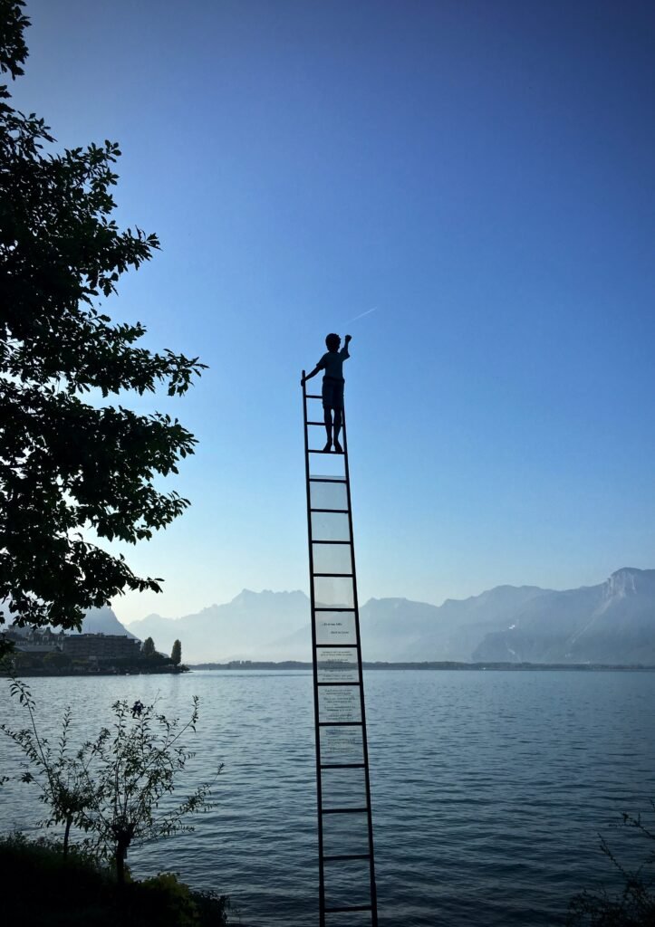 un enfant au bord d'un lac en haut d'une echalle essayant de toucher les étoiles pour représenter que l'on peut tout faire que tout est possible