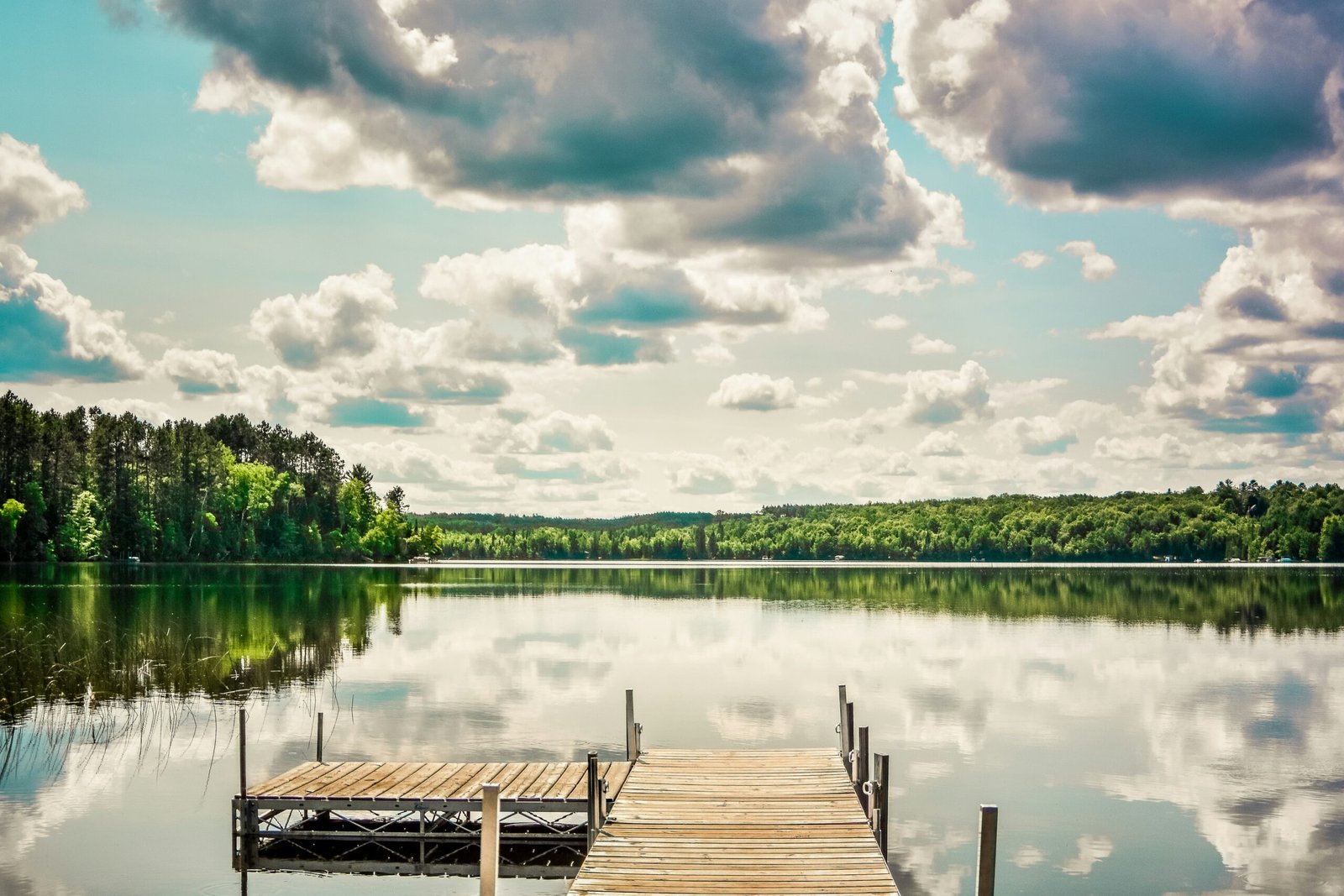 un ponton donnant sur un grand lac entouré d'arbres