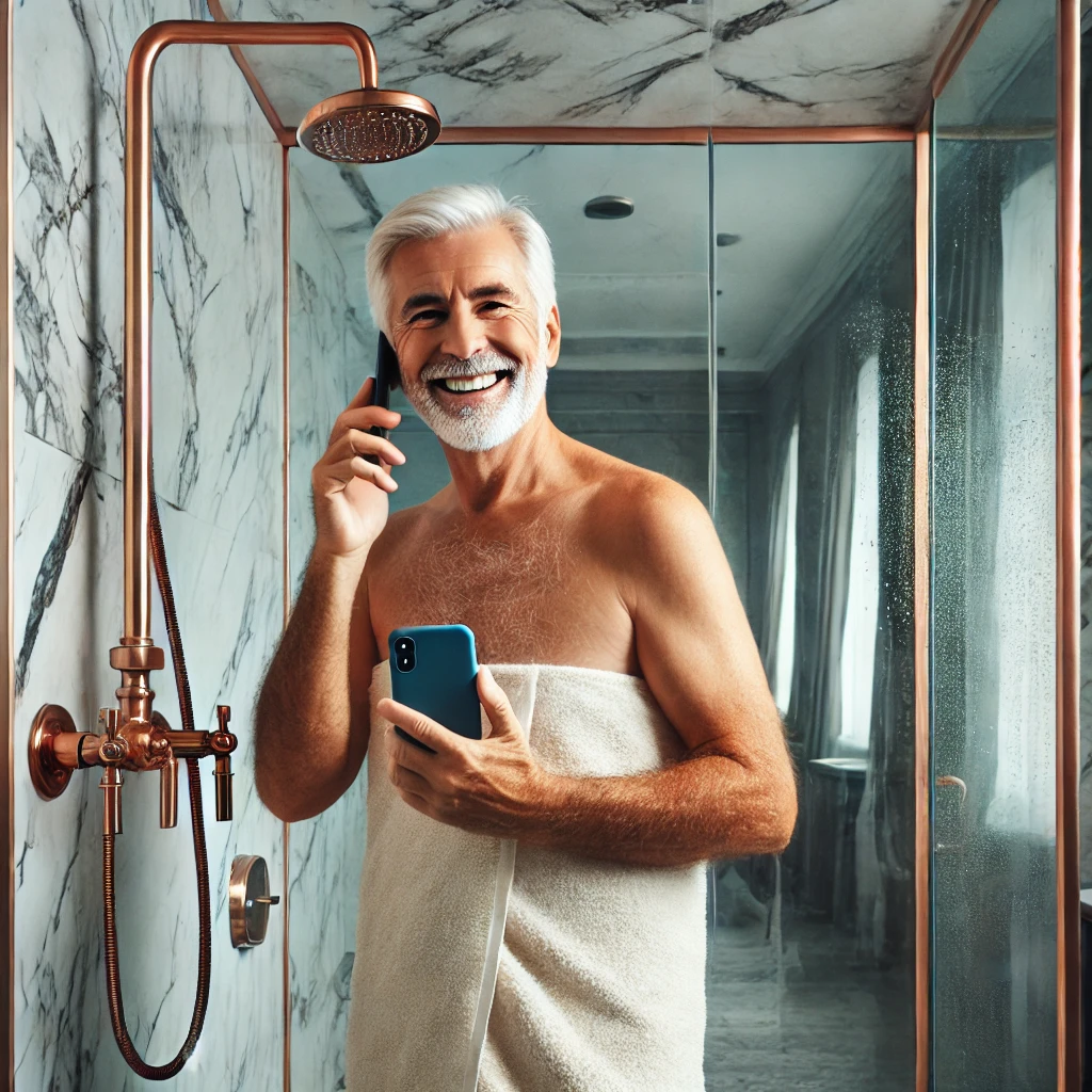 un homme avec le sourire dans sa douche sécurisé en marbre avec robinetterie en cuivre qui appelle Confort Adapt 