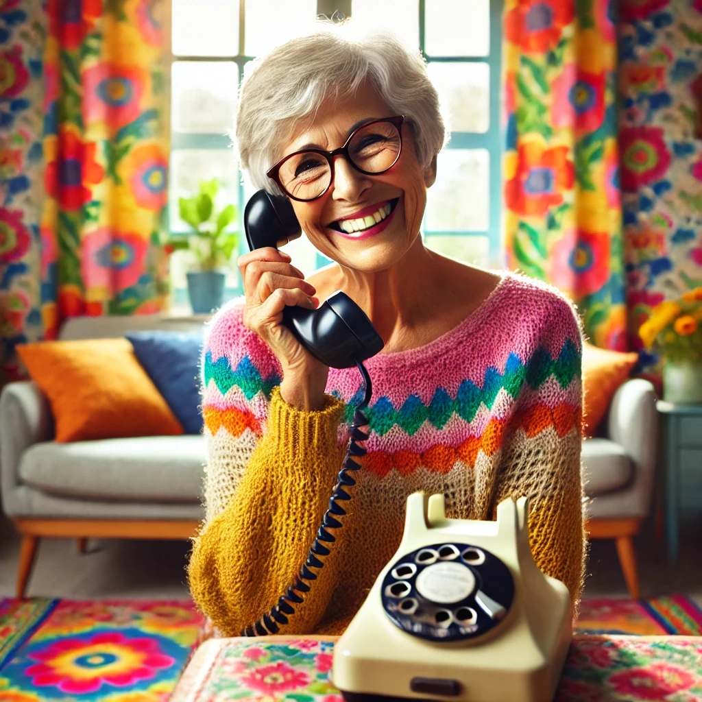 une dame souriante qui appelle confort Adapt avec son téléphone à cadran depuis son salon des années 1970